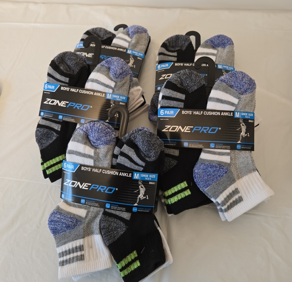 Zone Pro Boys Half‑Cushion Ankle Socks – FIVE 6‑Packs, Size 10.5–4, NWT
